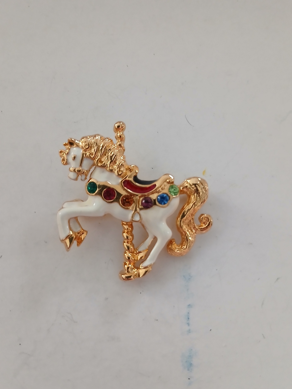 Gold & White Carousel Horse Brooch with Multicolor Accents